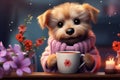 Adorable cartoon character puppy dog with mug cup of tea or coffee wearing cozy pink sweater
