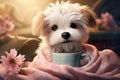 Adorable cartoon character puppy dog with mug cup of tea or coffee wrapped in pink blanket