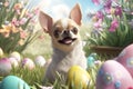 Celebrating Easter with a Cute and Colorful Cartoon Chihuahua Surrounded by Eggs and Flowers. Generative AI