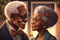 An adorable cartoon of an elderly couple smiling at each other.