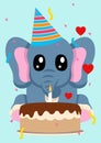 Adorable cartoon elephant wearing a birthday hat and sitting in front to a birthday cake