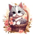 adorable cartoon gray kitten sitting in a wicker basket with pink flowers on a white background Royalty Free Stock Photo