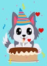 Adorable cartoon husky dog wearing a birthday hat and sitting in front to a birthday cake