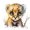Adorable cartoon illustration of a baby lion on a white background, perfect for a nursery or children room