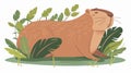 This is an adorable cartoon illustration of a cute capybara in nature. The capybara is relaxing in nature, covered in