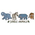 Adorable Cartoon Jungle Animal Clip Art. Safari Tiger Icon. Hand Drawn kawaii Zebra and Vector Hippo Motif Illustration