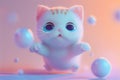 Adorable Cartoon Kitten with Floating Bubbles on Pastel Background