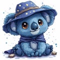 Adorable cartoon koala in a starry wizard hat and cloak, cheerful expression. Royalty Free Stock Photo