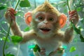 Adorable Cartoon Monkey Hanging from Vines in a Lush Green Jungle Cute Animated Animal Character in a Sunlit Forest Background for