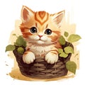 adorable cartoon orange kitten sitting in a wicker basket with green leaves on a white background Royalty Free Stock Photo