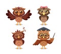 Adorable Cartoon Owls With Big, Round Eyes, Fluffy Feathers And Charming Expression. Sleepy Owlet, Girl And Teacher
