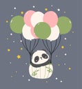 Adorable Cartoon Panda floating in air balloon, nursery baby shower kid illustration Royalty Free Stock Photo