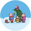 Adorable Cartoon Pigs, Symbol of 2019 Chinese New Year. Piglets Cheerfully Celebrating, Decorating the Christmas Tree. Chinese Pig