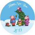 Adorable Cartoon Pigs, Symbol of 2019 Chinese New Year. Piglets Cheerfully Celebrating, Decorating the Christmas Tree. Chinese Pig