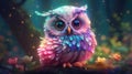 Adorable cartoon rainbow owl. Iridescent baby bird with big eyes. Sweet magical wildlife. Royalty Free Stock Photo