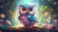 Adorable cartoon rainbow owl. Iridescent baby bird with big eyes. Sweet magical wildlife. Royalty Free Stock Photo