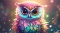 Adorable cartoon rainbow owl. Iridescent baby bird with big eyes. Sweet magical wildlife. Royalty Free Stock Photo