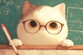 adorable cartoon smart white cat in glasses on the background of a school chalkboard Royalty Free Stock Photo