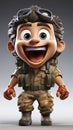 Adorable Cartoon Soldier in Full Gear with a Charming Smile and Big Eyes.
