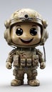 Adorable Cartoon Soldier in Full Gear with a Charming Smile and Big Eyes.