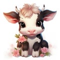 Adorable Cartoon-Style Clipart of a Cute Baby Cow with Flowers on White Background AI Generated Royalty Free Stock Photo