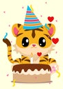 Adorable cartoon tiger wearing a birthday hat and sitting in front to a birthday cake