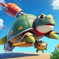 Adorable Cartoon Turtle Under Green Sky with Clouds and Paws