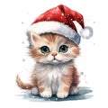 adorable cartoon watercolor ginger cat in red Santa Claus hat isolated on white background Royalty Free Stock Photo