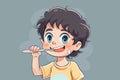 An adorable cartoon of a young boy with curly dark hair, earnestly brushing his teeth with a pink toothbrush, set