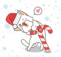 Adorable cat character is wearing a hat and gloves with a candy in Christmas day