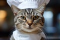 Adorable cat chef in the kitchen preparing nutritious meals for animals with cat in a cooking hat