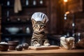 Adorable cat chef in the kitchen preparing nutritious meals for animals, wearing a cute cooking hat