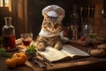 Adorable cat chef wearing a cooking hat prepares nutritious meals for furry friends in the kitchen