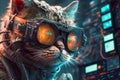 Adorable cat cyber crypto digital hacker coder, in cyberspace wearing virtual reality VR goggles