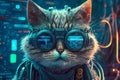 Adorable cat cyber crypto digital hacker coder, in cyberspace wearing virtual reality VR goggles