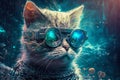 Adorable cat cyber crypto digital hacker coder, in cyberspace wearing virtual reality VR goggles