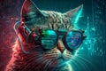 Adorable cat cyber crypto digital hacker coder, in cyberspace wearing virtual reality VR goggles