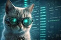 Adorable cat cyber crypto digital hacker coder, in cyberspace wearing virtual reality VR goggles
