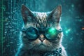Adorable cat cyber crypto digital hacker coder, in cyberspace wearing virtual reality VR goggles
