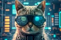 Adorable cat cyber crypto digital hacker coder, in cyberspace wearing virtual reality VR goggles