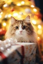 Adorable cat with gifts and presents under Christmas tree Royalty Free Stock Photo