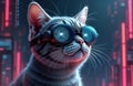 Adorable cat hacker in cyberspace wearing VR goggles. Digital tech kitten explores cyberspace. Cute felino in VR headset. Future