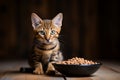 Adorable cat happily eating cat food from a bowl, lovingly provided by its attentive owner