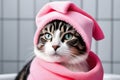 Adorable Cat in Pink Hat and Scarf, Winter Pet Portrait with Cute Feline Animal Enjoying the Season