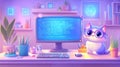 Adorable cat programmer in a whimsical pastel office with holographic display Royalty Free Stock Photo