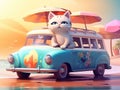 Adorable cat sittign on the car, ready for travel, summer concept. Generative AI