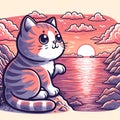 Adorable cat sitting in cute pose, with panoramic view at sunset, sea, rocks, bold line art, stickers, t-shirt primts, digital art