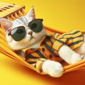 adorable cat in sunglasses and shirt lies on yellow fabric hammock on solid white background. ai generative