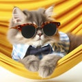 adorable cat in sunglasses and shirt lies on yellow fabric hammock on solid white background. ai generative