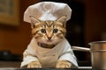 Adorable cat wearing a chef hat, preparing nutritious meals in the kitchen for animal cuisine